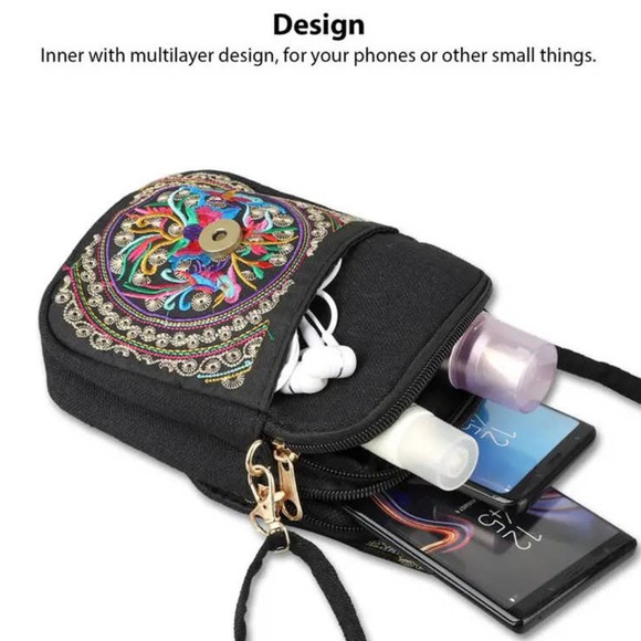 Women's Embroidered Crossbody Bag, Small Canvas Shoulder Bag, Zipper Phone Bag - Picture 2 of 7